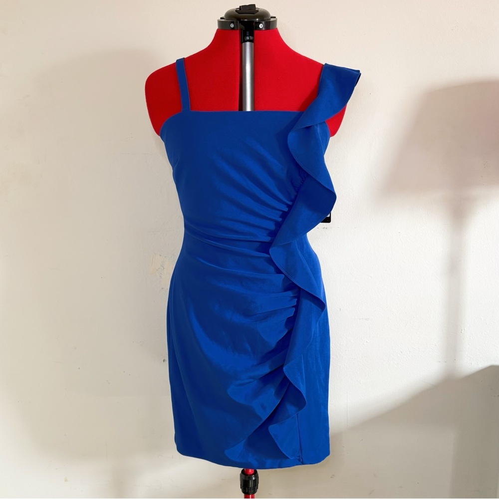Guess Bold Blue One-Shoulder Ruffle Dress